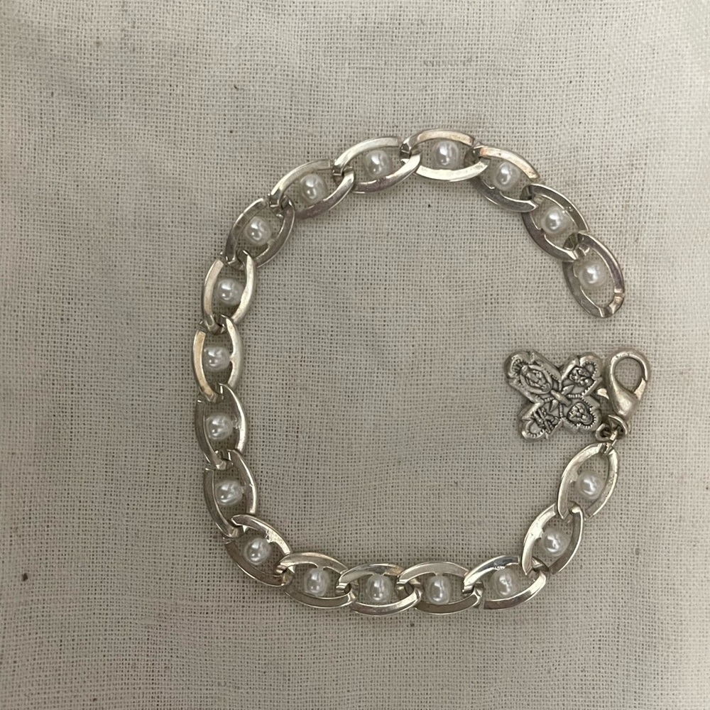 Elegant Silver Pearl & Cross Bracelet